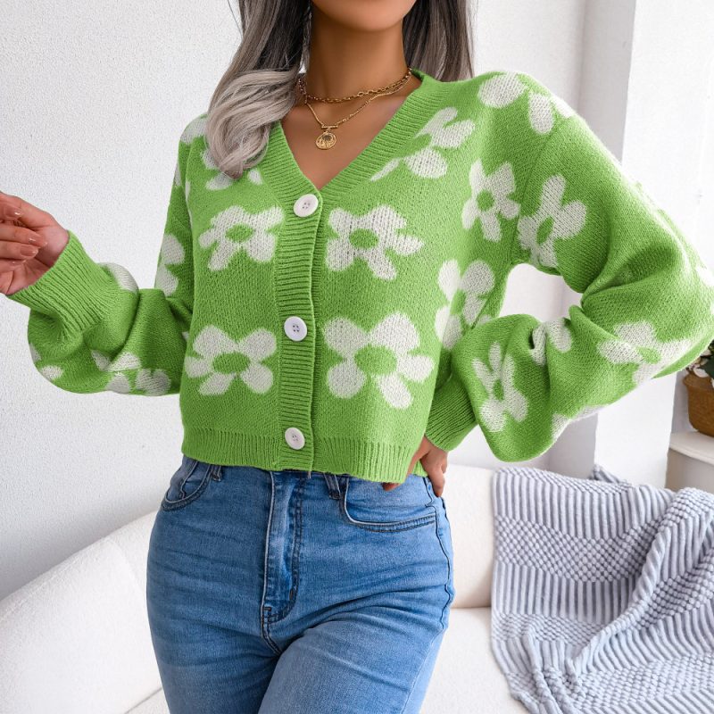 Contrast Floral Lantern Sleeve Cardigan - Image 7