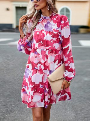 Elegant Long Sleeve Print Dress – Autumn/Winter