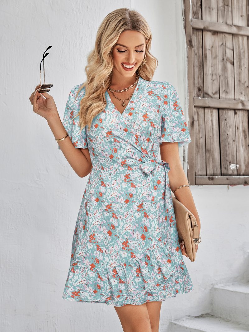 Summer Women's V-Neck Printed Short Sleeve Dress - Image 4
