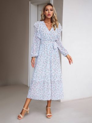 Floral V-neck Long Sleeve Dress