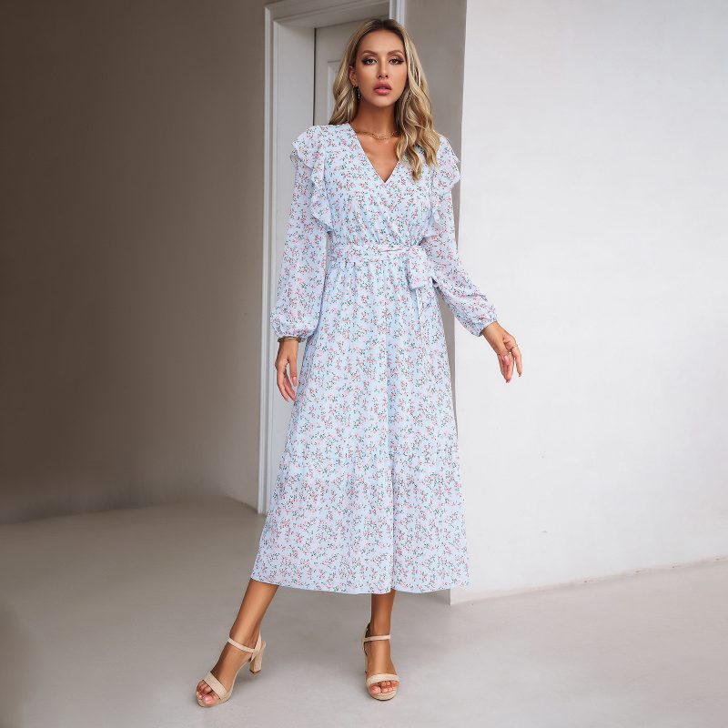 Floral V-neck Long Sleeve Dress