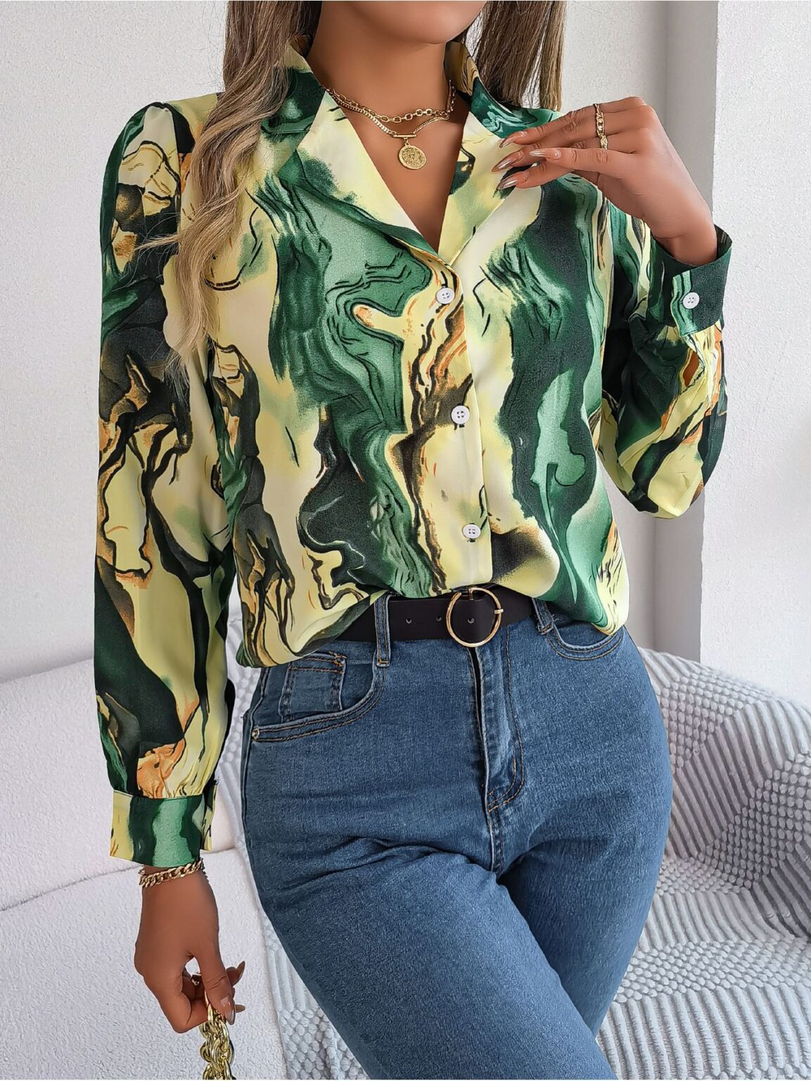 Casual Contrast Striped Collar Long Sleeve Shirt - Image 2
