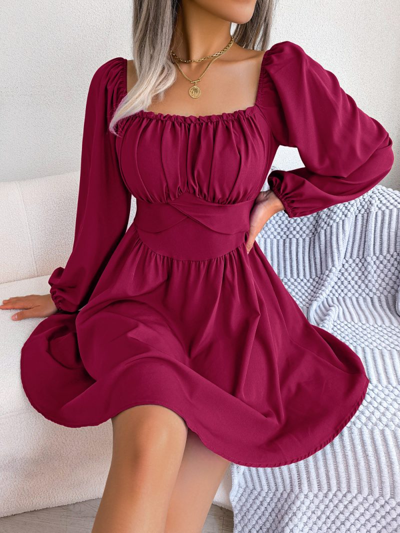 Casual Solid Color Square Neck Cinched Swing Dress - Image 5