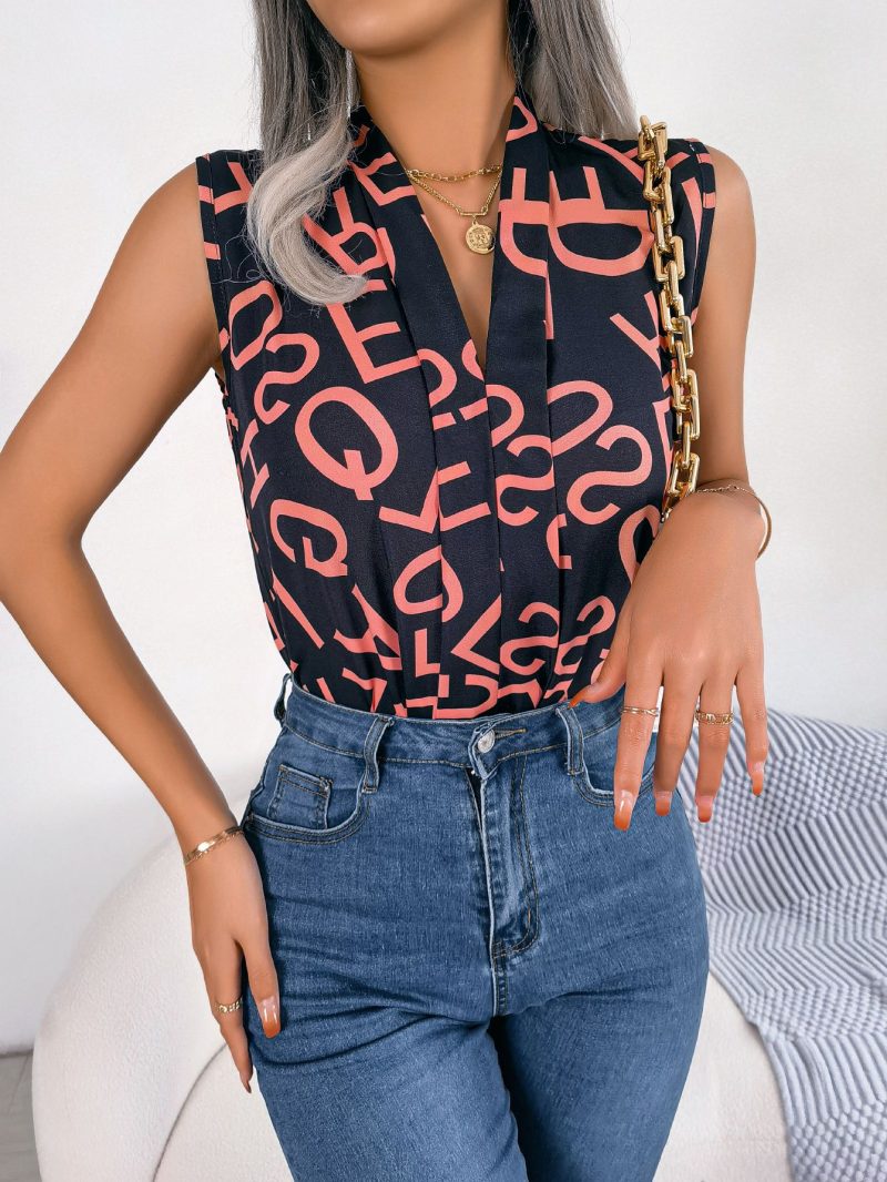Casual Office Letter Graphic V-Neck Chiffon Blouse Top - Image 6