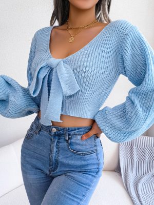 Bowknot V-Neck Cropped Sweate