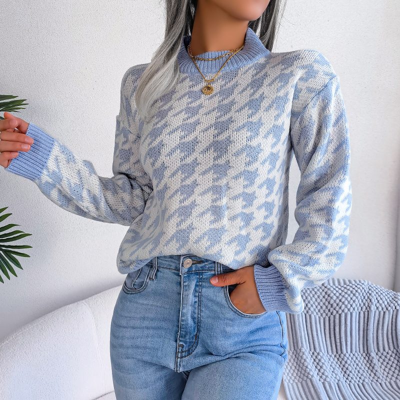 Houndstooth Long Sleeve Knitted Sweater - Image 2