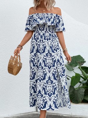 Off-Shoulder Slit Printed Summer Dress – Women’s Fashion