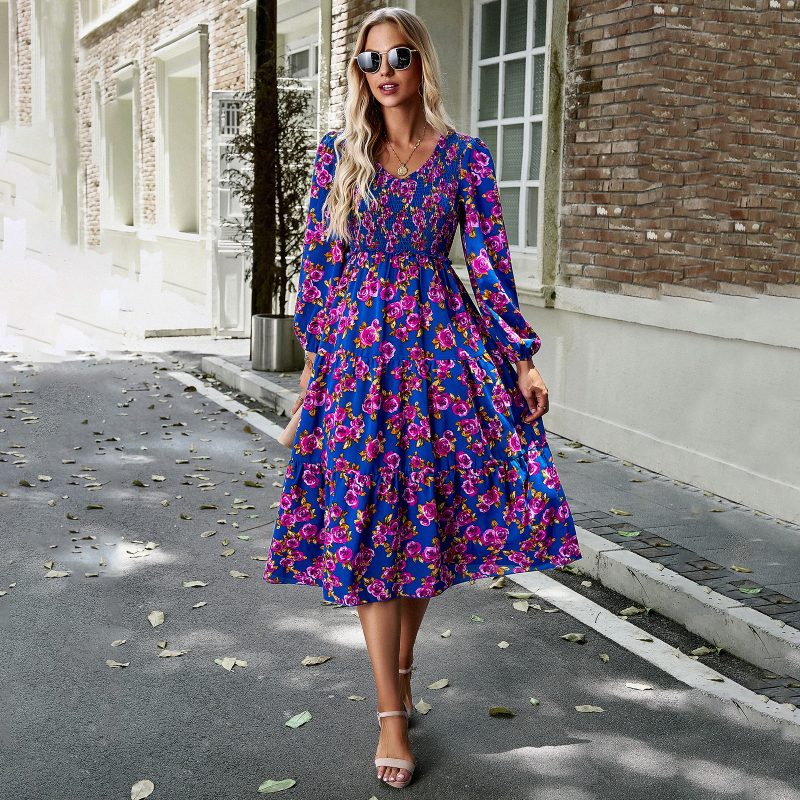 Elegant V-neck Smocking Printed Dress - Image 3