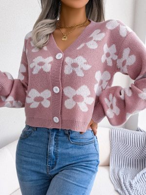 Contrast Floral Lantern Sleeve Cardigan