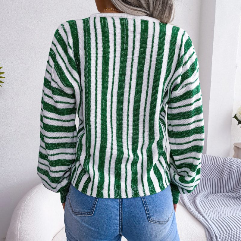 Striped Bandage Lantern Sleeve Sweater - Image 9