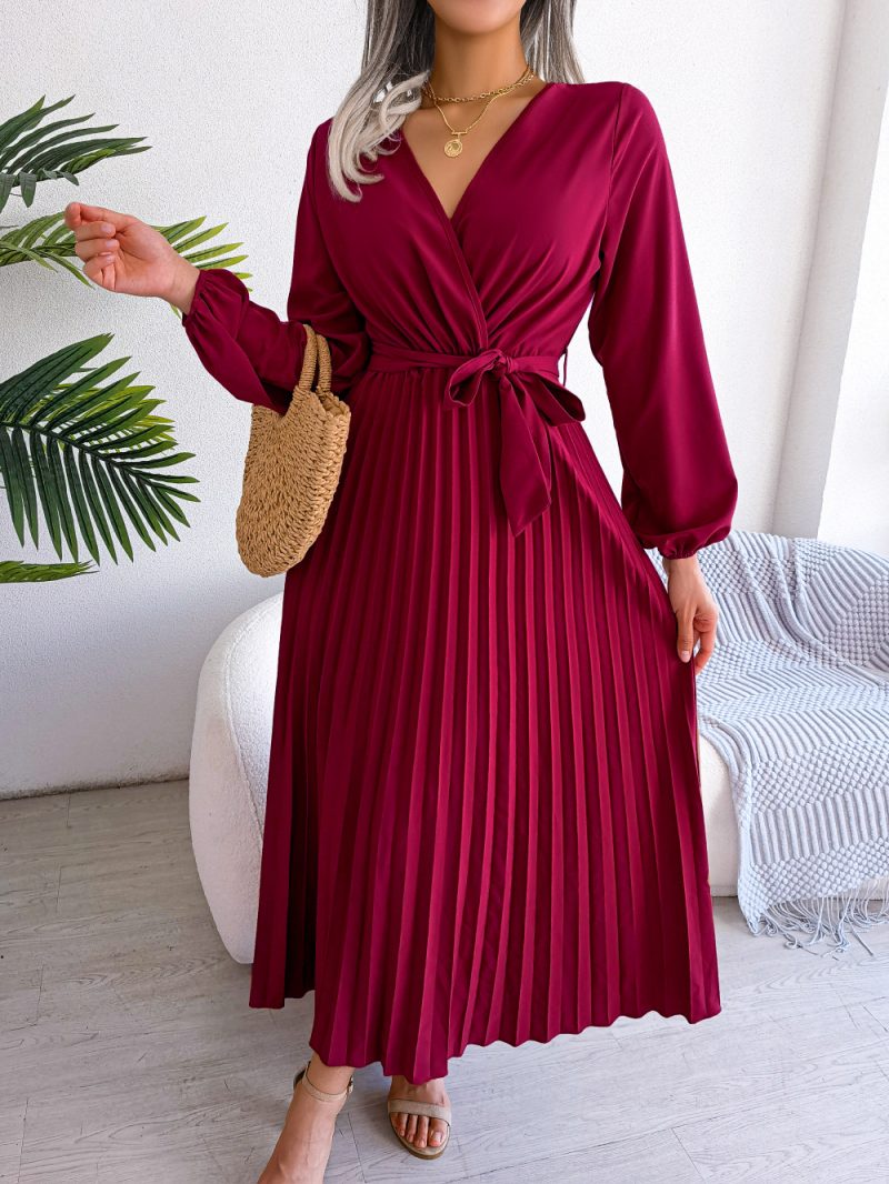 Elegant Cross V-Neck Swing Pleated Dress - Image 2