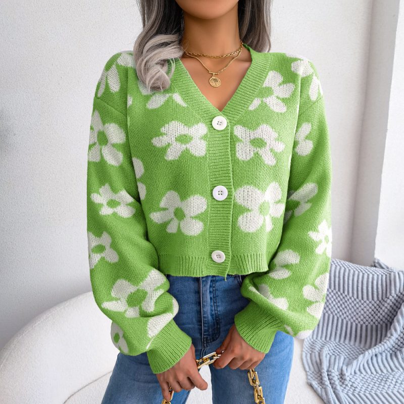 Contrast Floral Lantern Sleeve Cardigan - Image 9