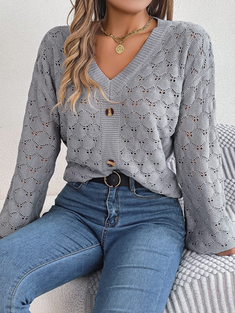 V-Neck Buttoned Lantern Sleeve Sweater - Image 3
