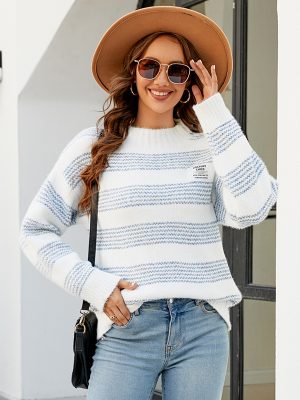 Contrast Color Striped Autumn Winter Sweater Women – Loose Mock Neck Sweater