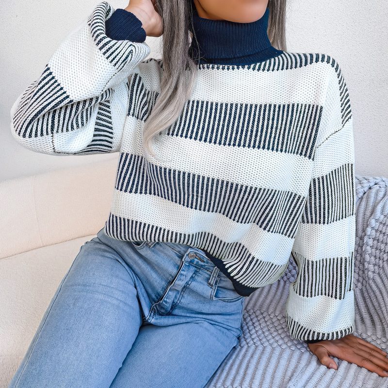Striped Lantern Sleeve High Collar Sweater - Image 3