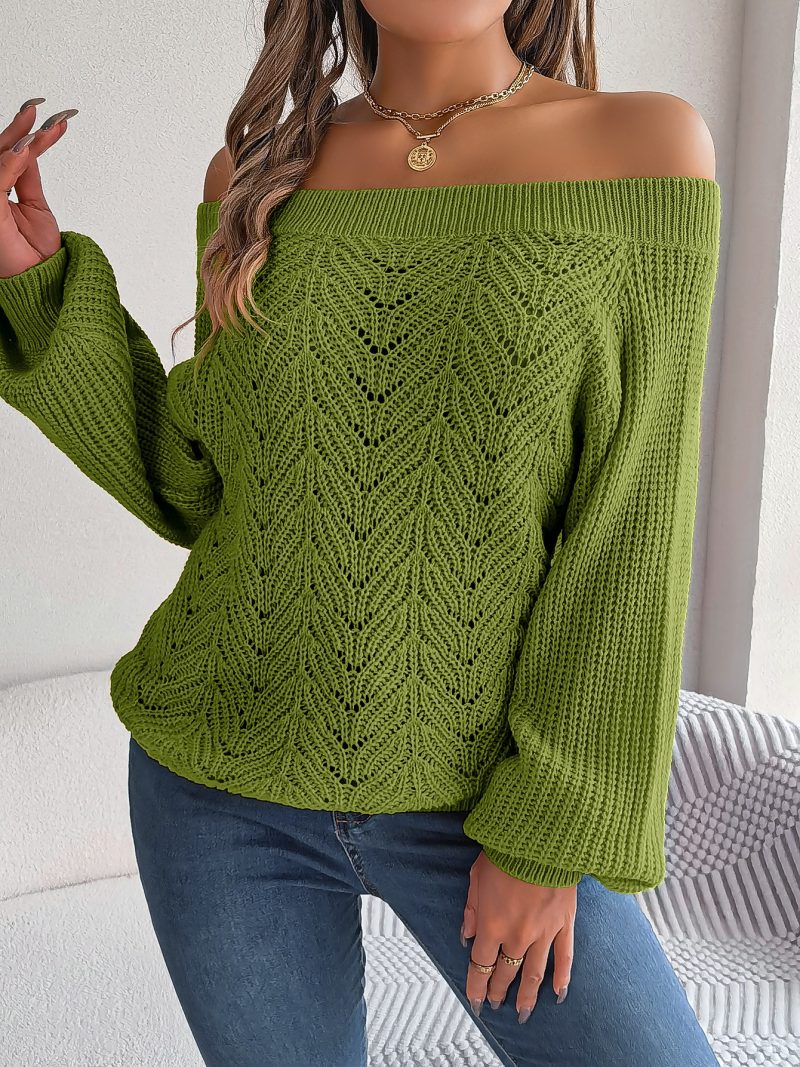 Off-the-Shoulder Hollow Out Lantern Sleeve Sweater - Image 3