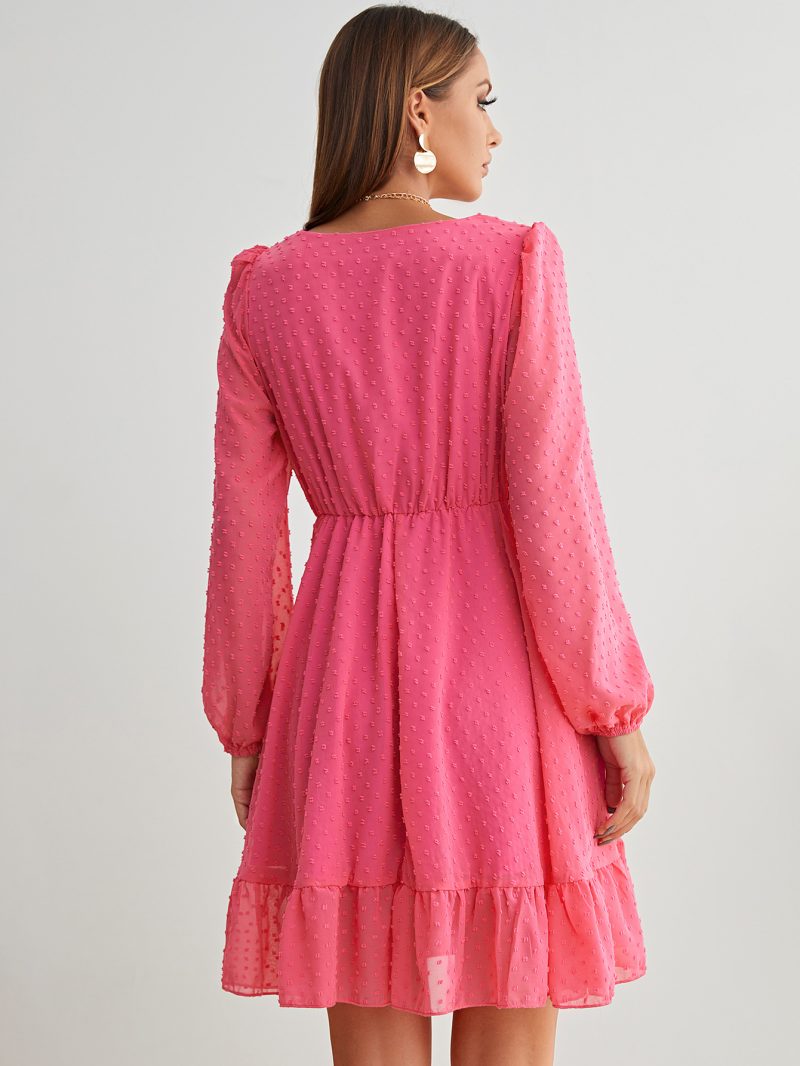 Deep V-Neck Ruffled Dress - Lantern Sleeve Style - Image 2