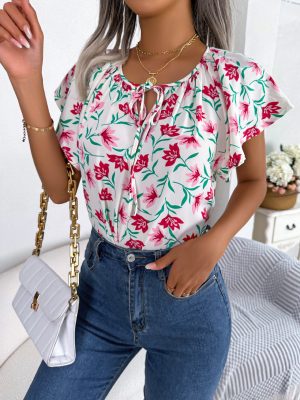 Casual Loose Chiffon Shirt Top with Lotus Leaf Self-Tie