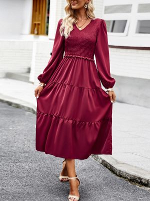 Elegant Autumn Winter Solid Color Dress