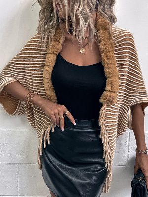 Fur Collar Striped Cape Tassel Shawl Women Sweater