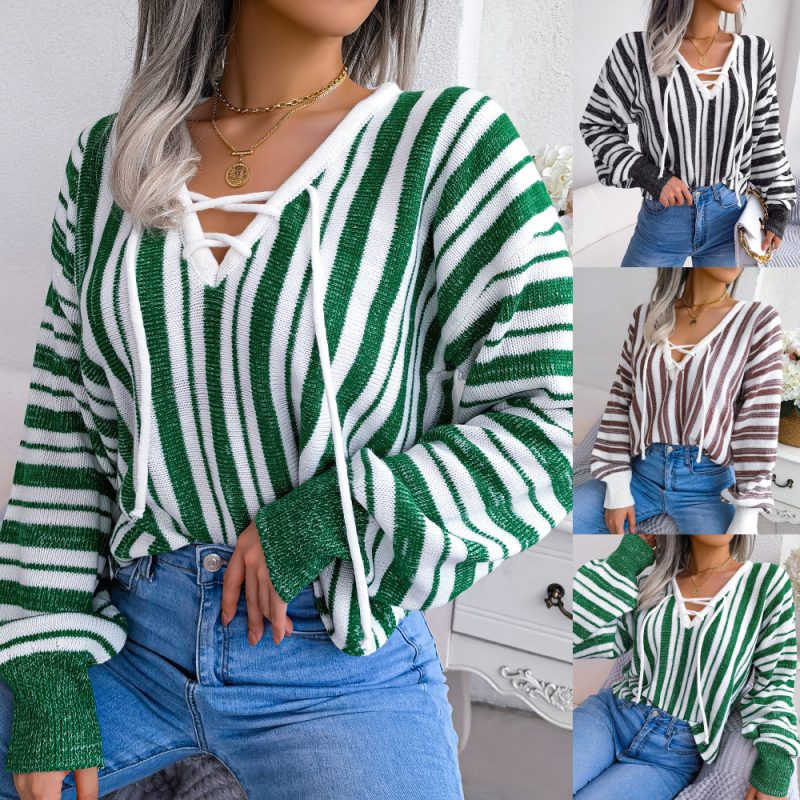 Striped Bandage Lantern Sleeve Sweater - Image 4