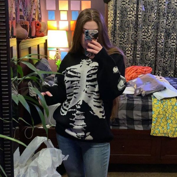 Women Clothing Long Sleeve Woolen Spring Autumn Halloween Skull Print Casual Pullover Sweater - Image 5