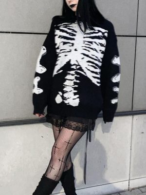 Women Clothing Long Sleeve Woolen Spring Autumn Halloween Skull Print Casual Pullover Sweater