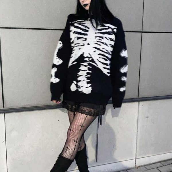 Women Clothing Long Sleeve Woolen Spring Autumn Halloween Skull Print Casual Pullover Sweater