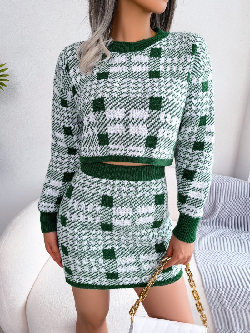 Check Cropped Sweater and Hip Skirt Knit Suit - Image 8