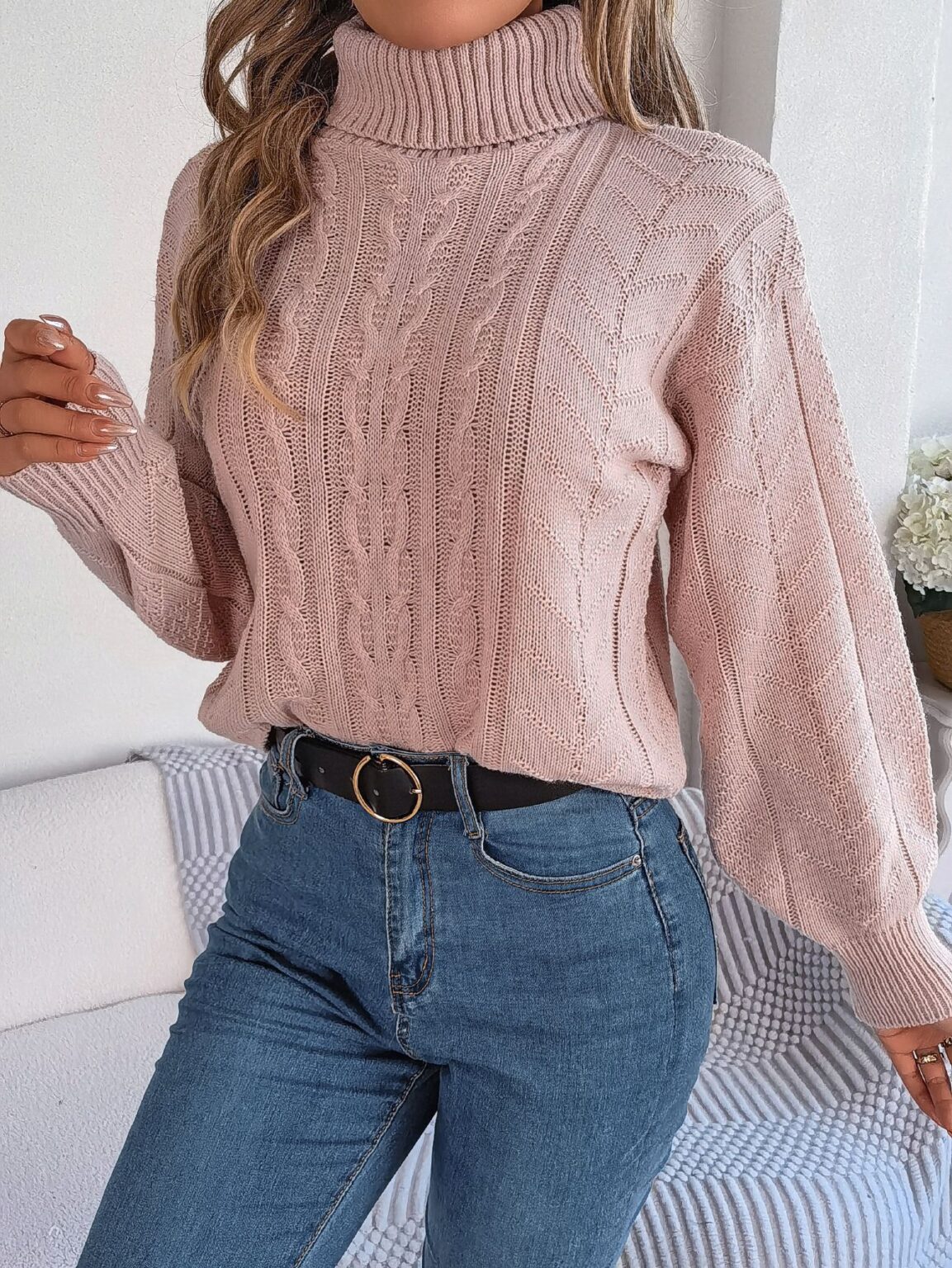 Turtleneck Twist Sleeve Knit Sweater - Image 6