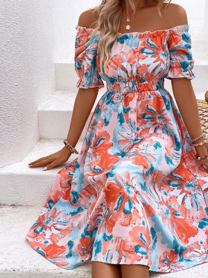 Floral Pleated Puff Sleeve Women’s Dress