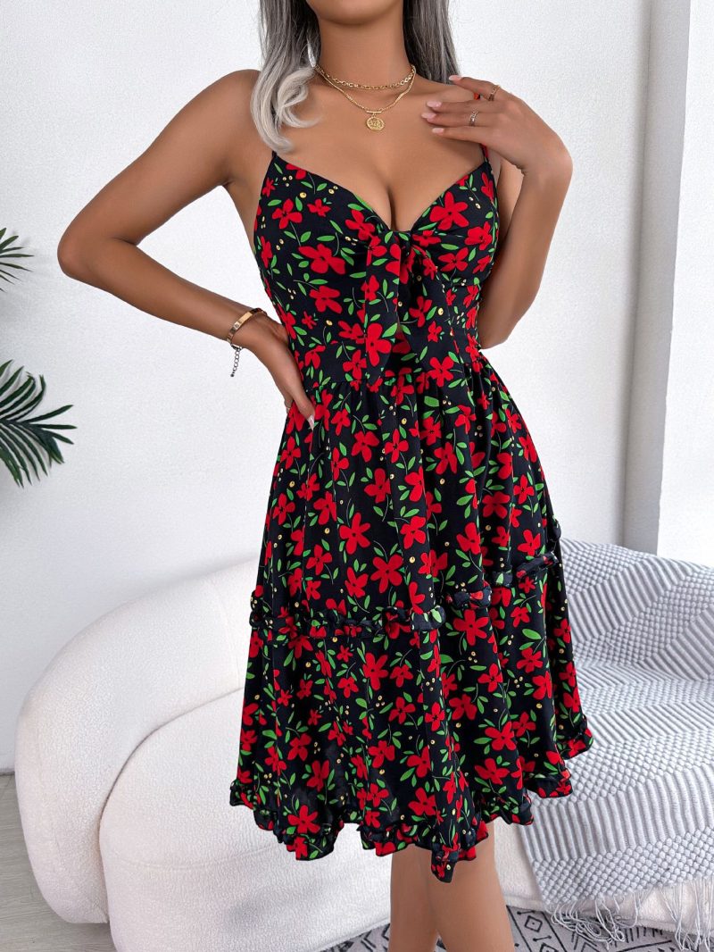 Floral Bow Ruffle Sleeveless Dress - Image 6