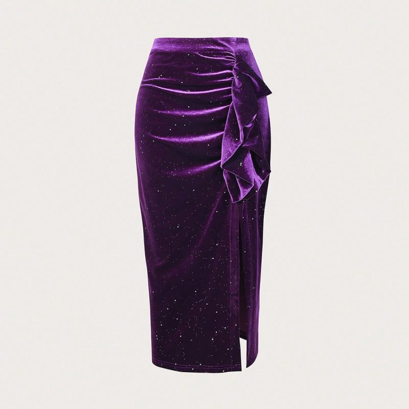 Autumn Winter Skirt Velvet Pleated Tassel High Slit Long Skirt - Image 2