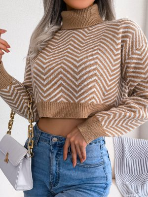 High Collar Striped Cropped Sweater for Women