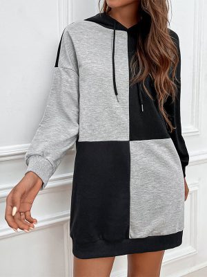 Autumn Women Clothing Colorblock Hood Sweater Dress