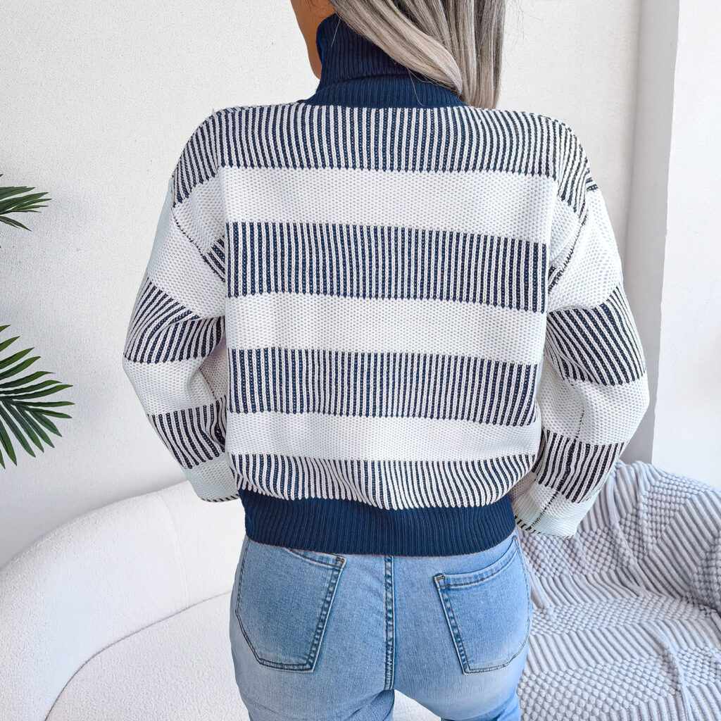 Striped Lantern Sleeve High Collar Sweater - Image 2