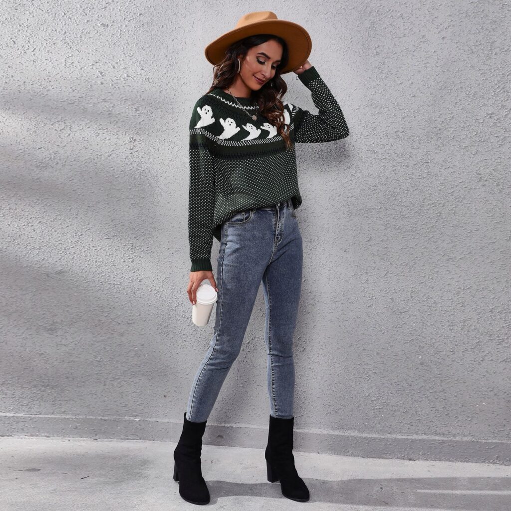 Ghost Skull Jacquard Retro Dots Long-Sleeved Knitted Sweater  Loose Autumn Winter Women Halloween - Image 8
