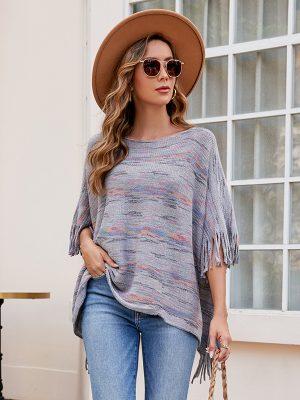 Tassel Caped Striped Knitted Shawl