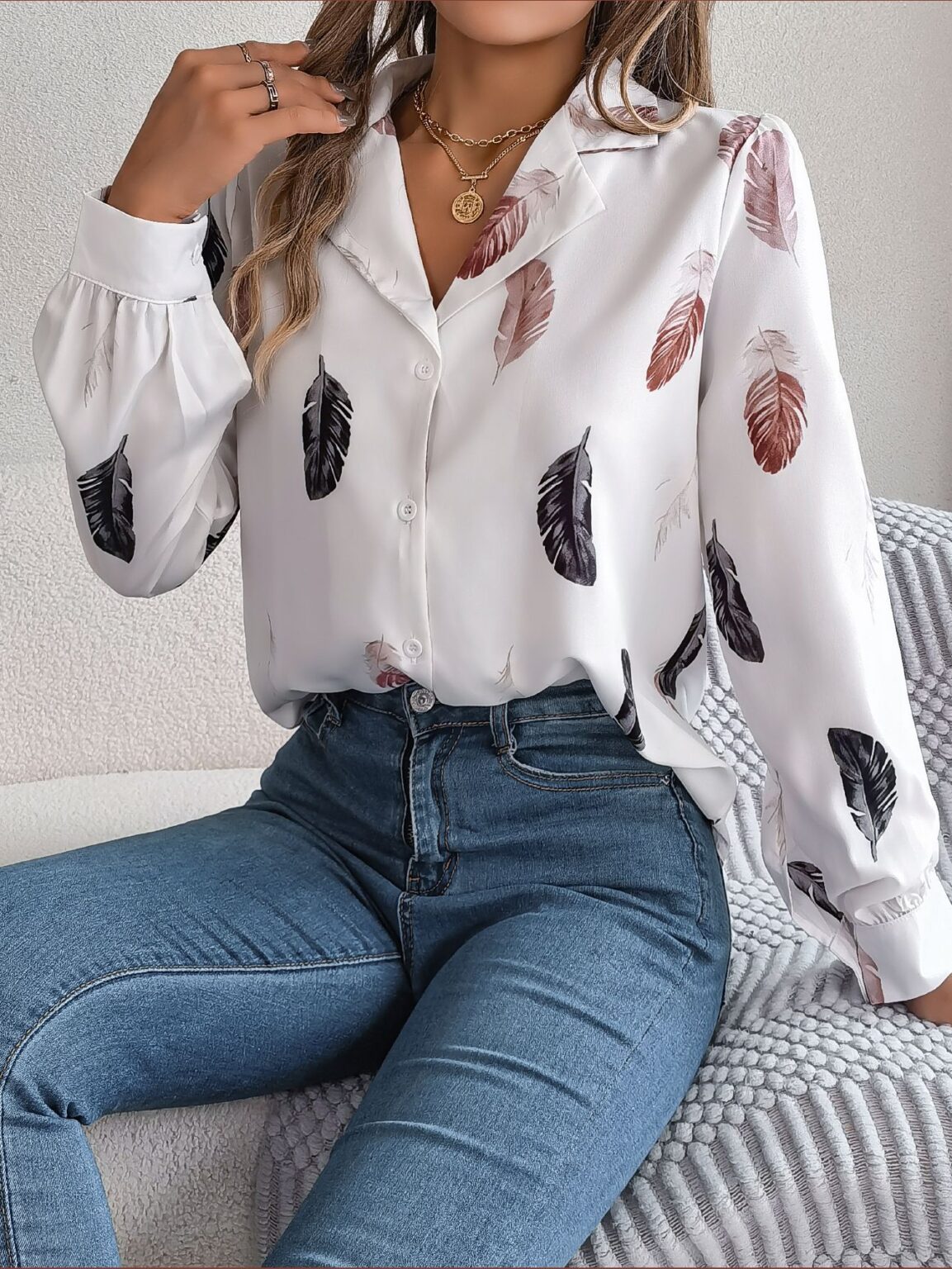 Feather Printed Suit Collar Long Sleeve Shirt - Image 5