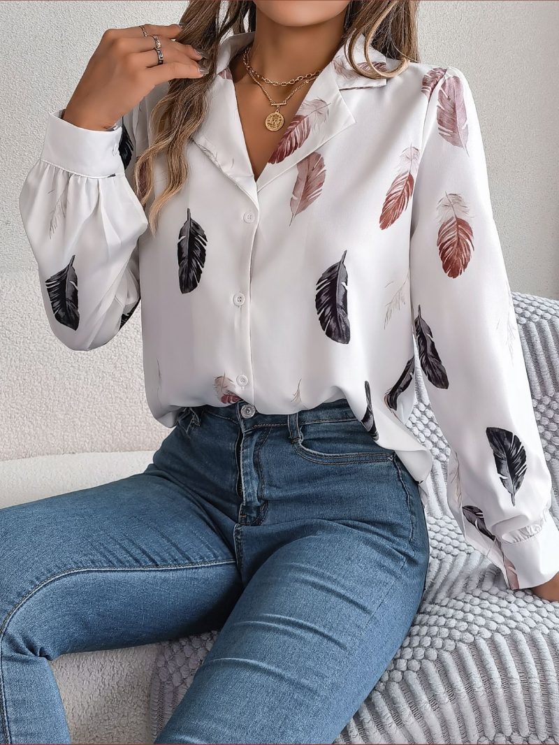 Feather Printed Suit Collar Long Sleeve Shirt - Image 5