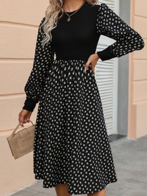 Printed Long Sleeve Waist-Trimming Women’s Round Neck Dress