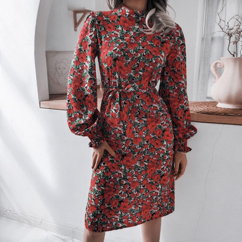 Floral Lantern Sleeve Chiffon Dress - Image 3