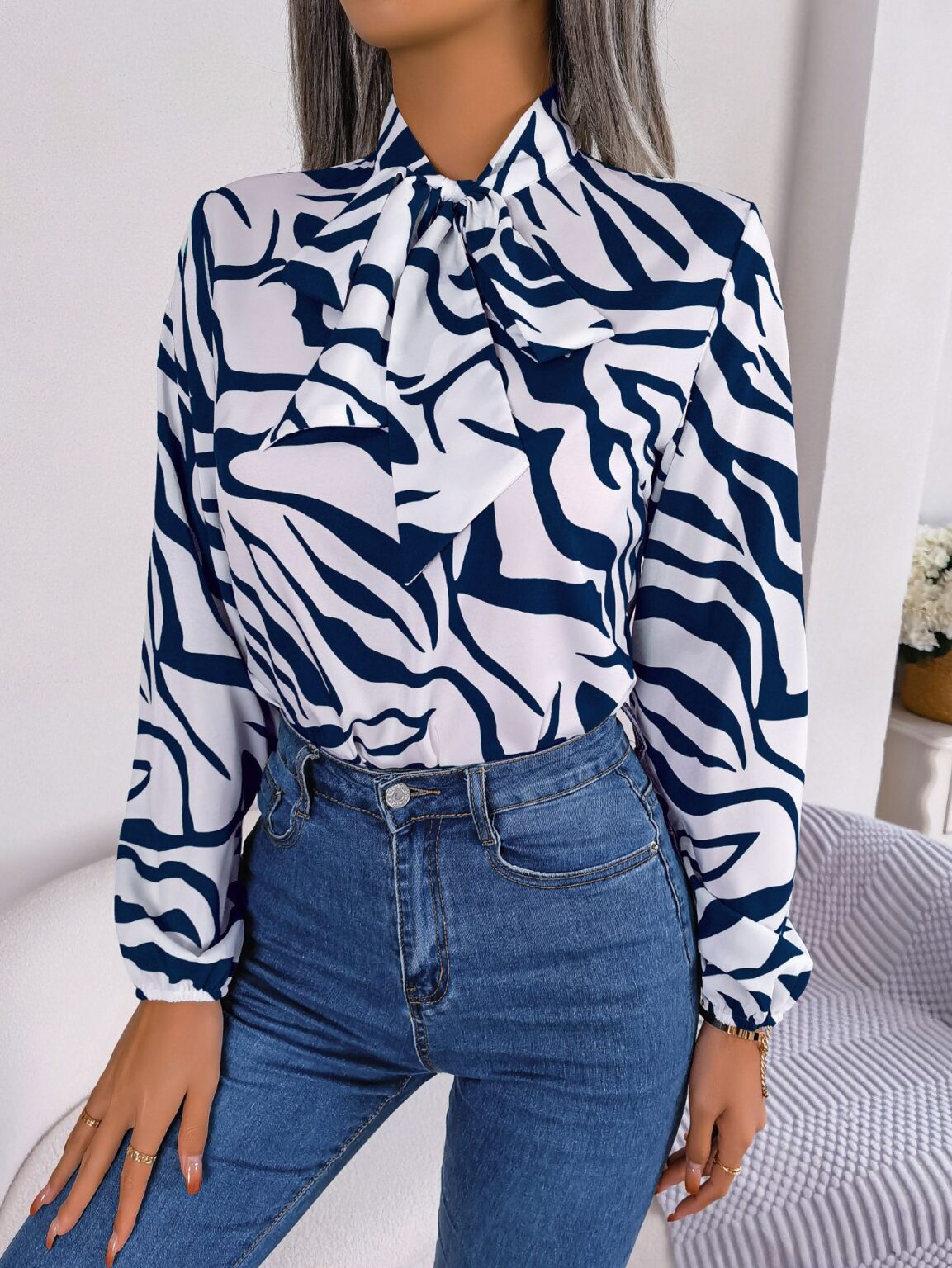 Contrast Color Striped Chiffon Shirt Top - Image 6