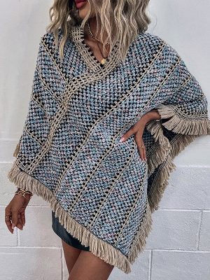 Striped Ethnic Tassel Pullover Cloak Shawl for Women