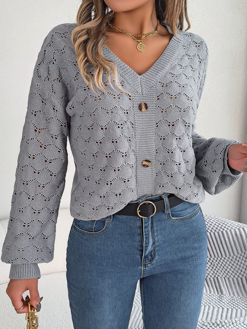 V-Neck Buttoned Lantern Sleeve Sweater - Image 4