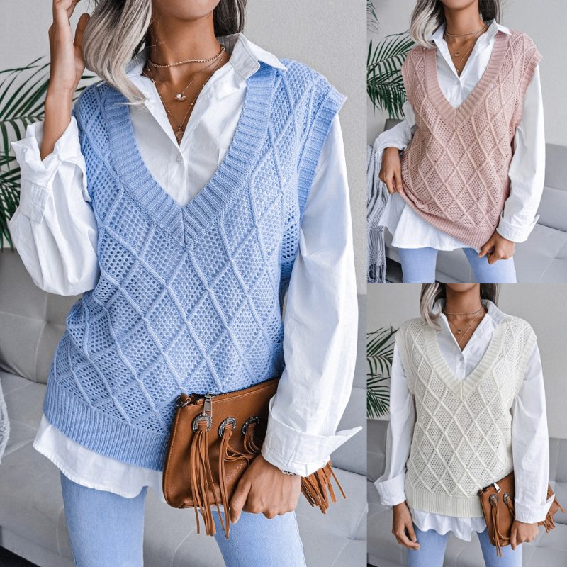 V-neck Rhombus Hollow Vest - Image 5