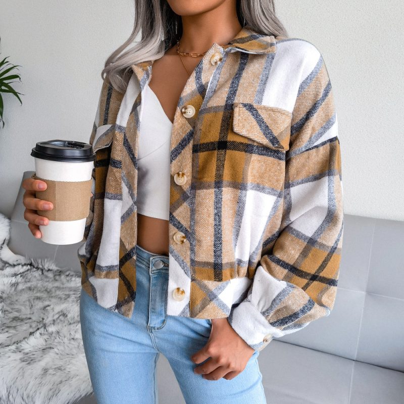 Plaid Lantern Sleeve Woolen Shacket - Image 7