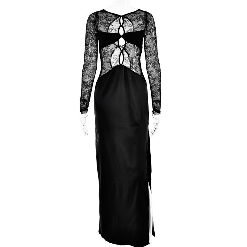 Autumn Lace Stitching Black Dress - Image 5