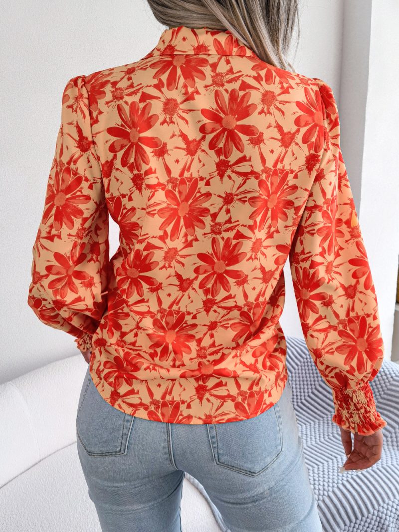 Casual Floral Collared Shirt with Lantern Sleeves - Image 6