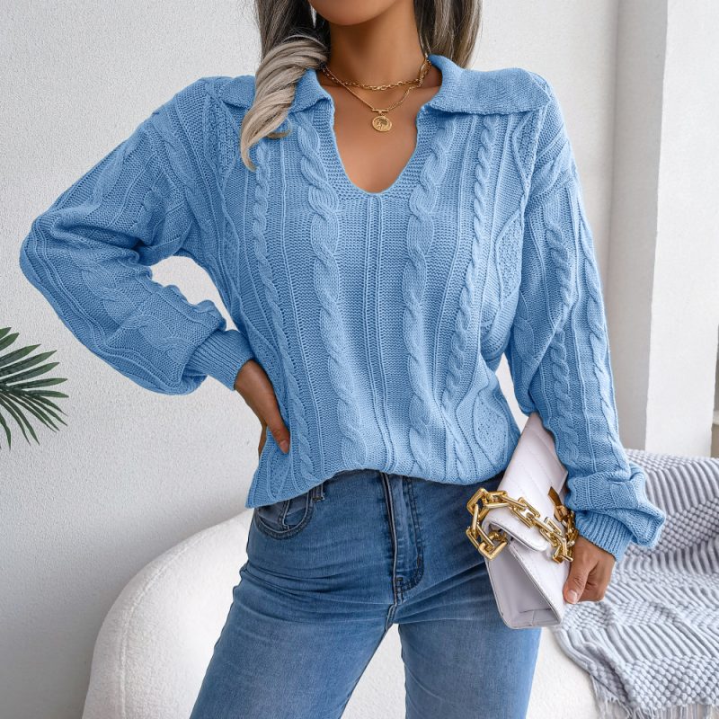 Collared Twist Lantern Sleeve Sweater - Image 9